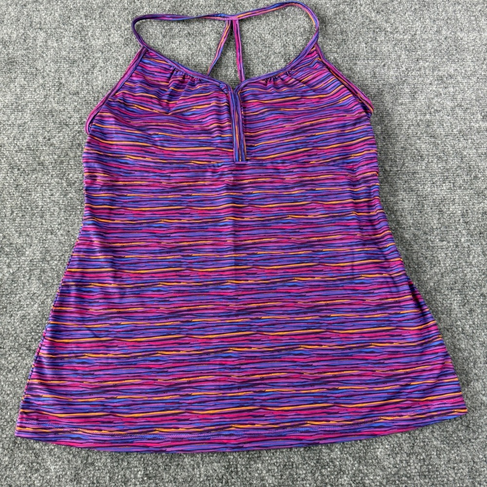 REI‎ Athletic Tank Top Women 10 Purple Striped Racerback Shelf Bra Gym Hiking